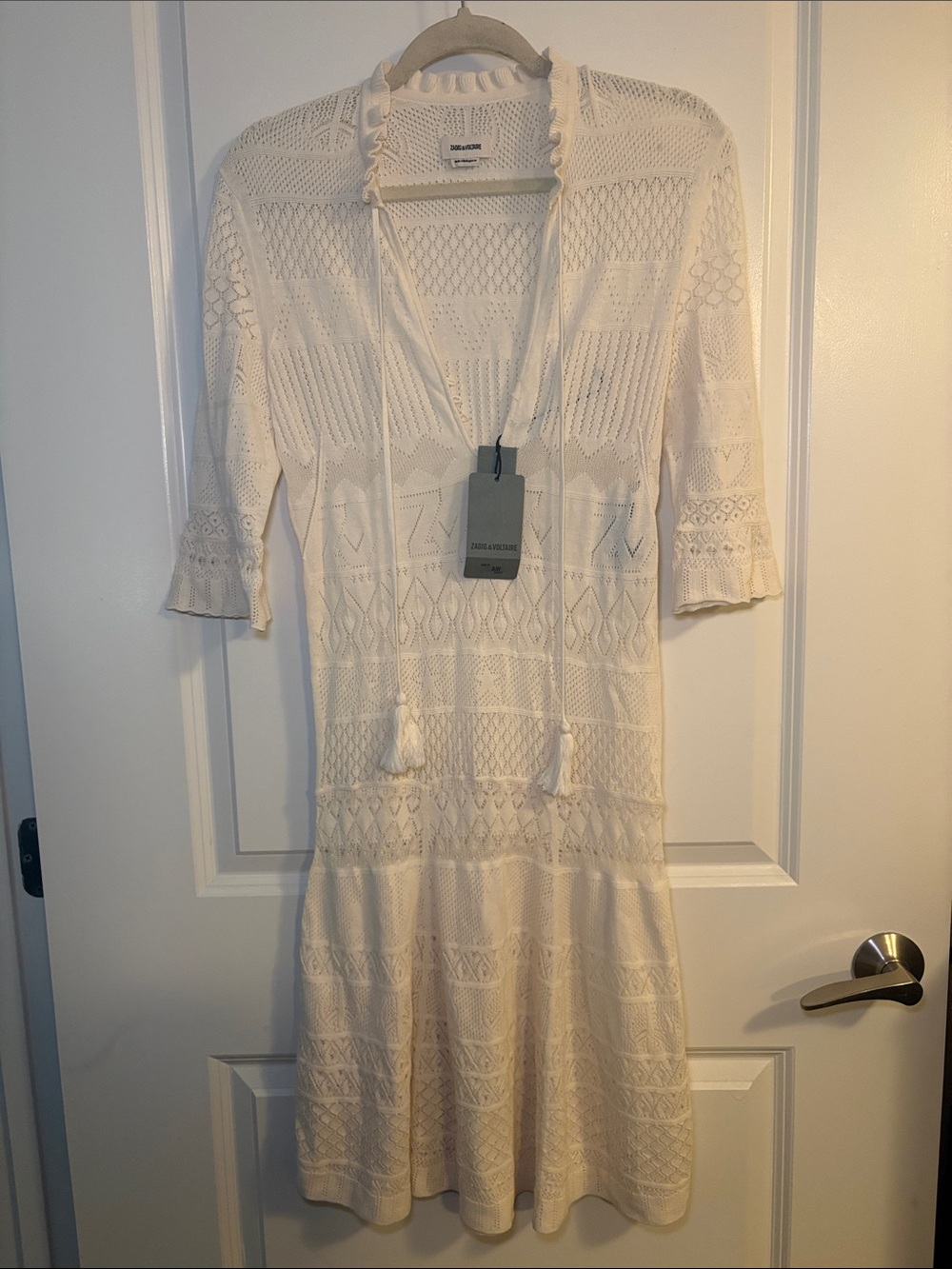Zadig & Voltaire Cream Crochet Knit V-Neck Dress with Tassels- Missing buttons